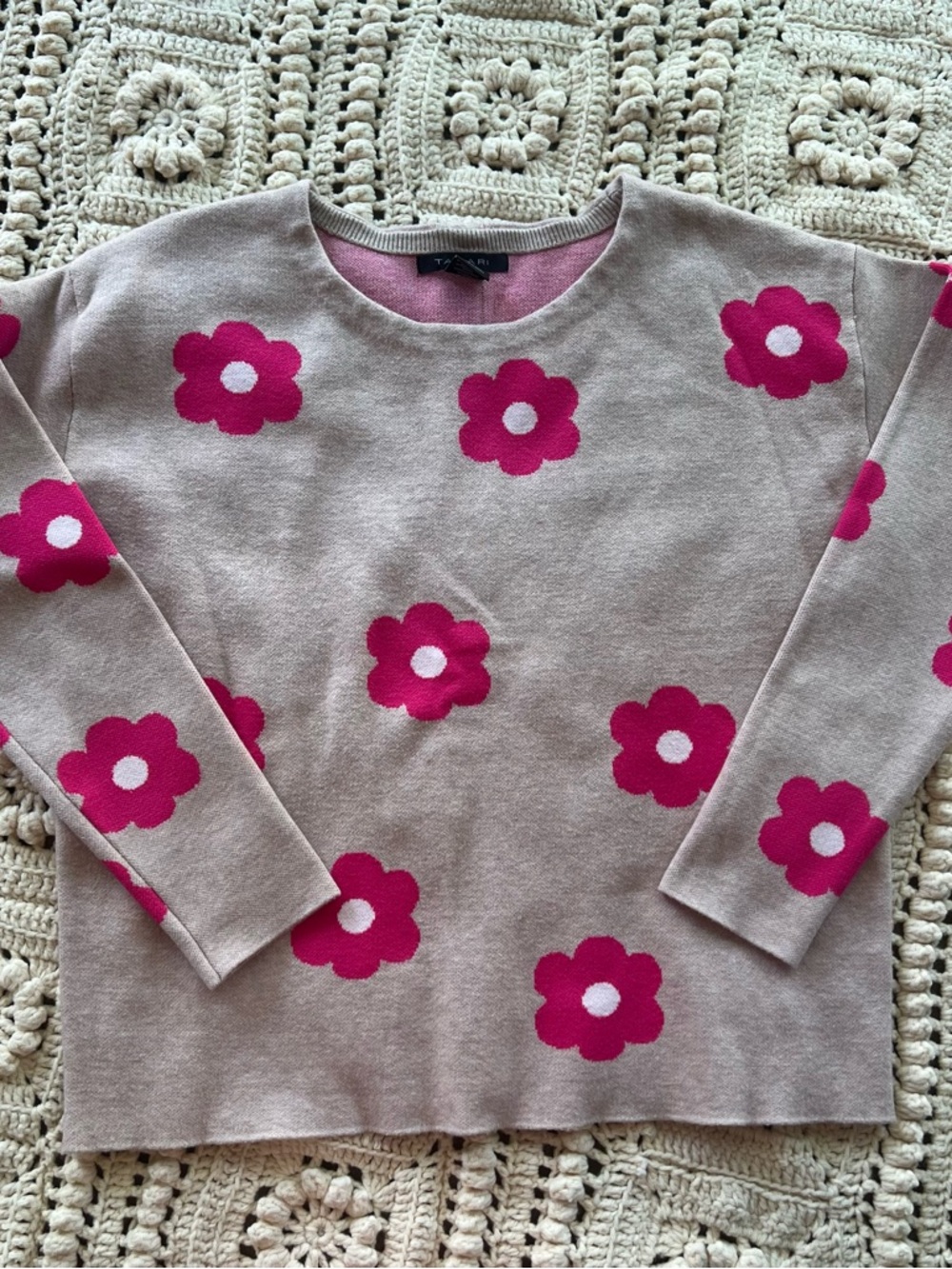 Tahari Cream Sweater with Pink Floral Accent